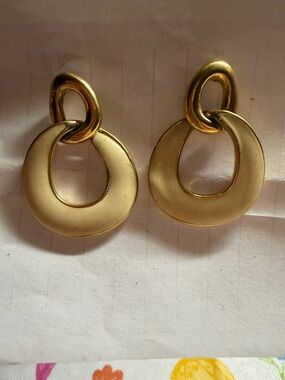 Vintage Monet Gold Plated White Enamel Dangle / Drop Earrings